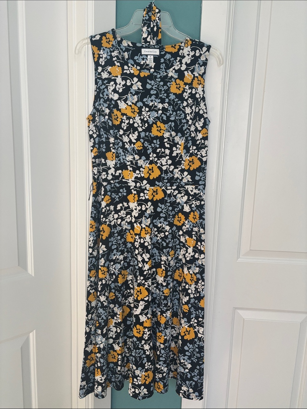 Charter Club Navy Floral Midi Dress with Mustard & White Accents